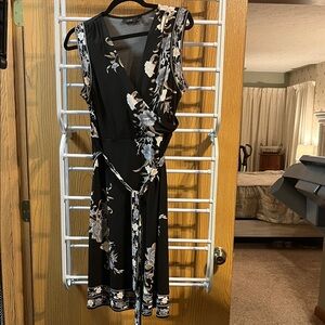 Apt. 9 Black Floral Wrap Midi Dress with Gray-Cream Blooms